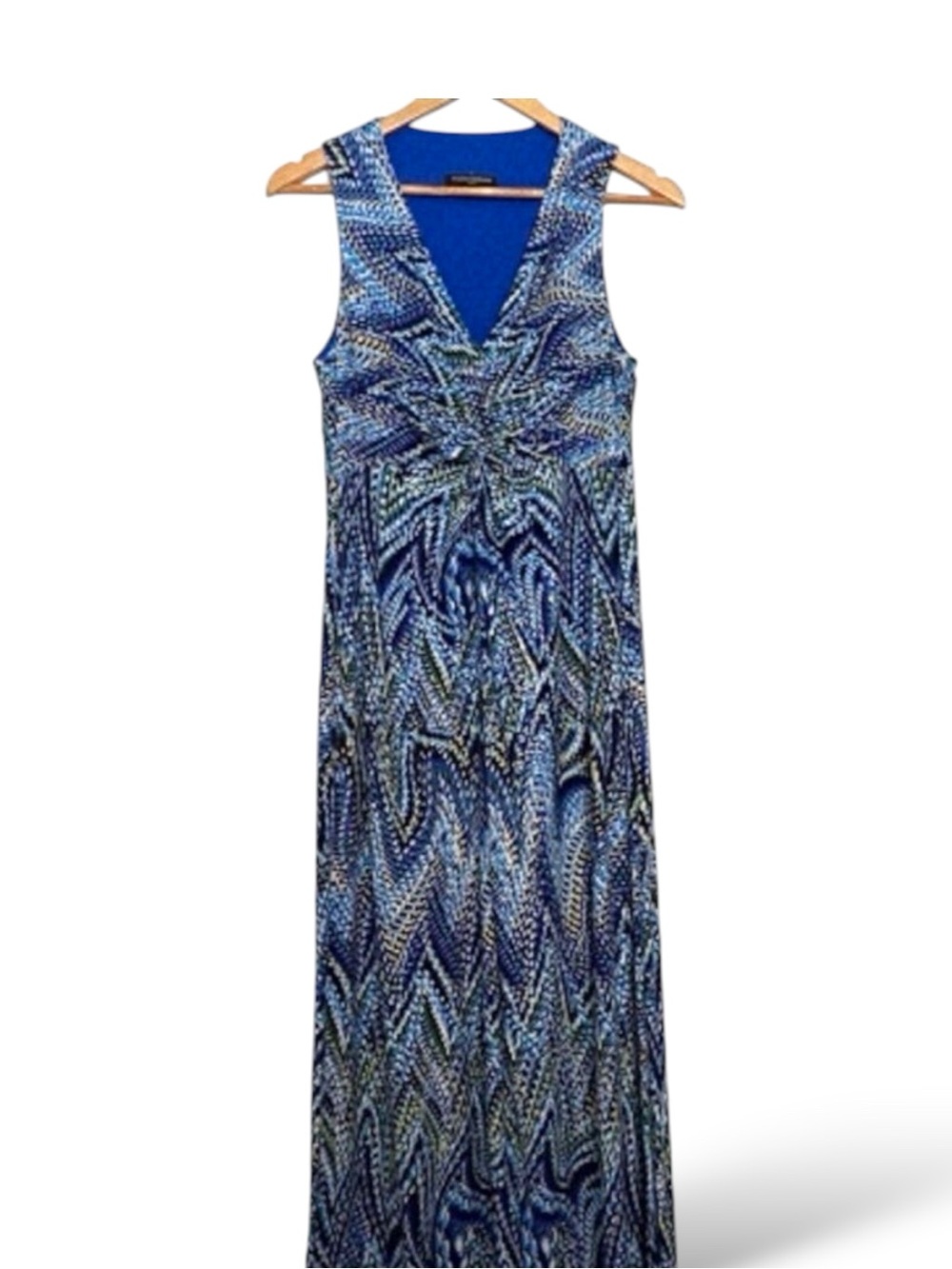Mario Serrani blue multicolour maxi dress jersey sleeveless V neck jersey Small